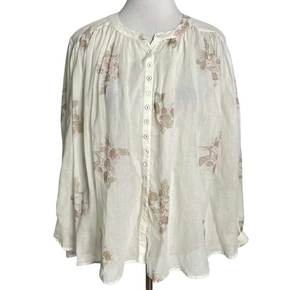 Free People Floral Cotton Gauze Button-Front Peasant Blouse Cream Floral Small